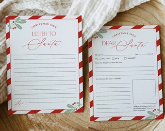 May include: Two Christmas-themed stationery cards with red and white striped borders and festive holly accents. One card reads "Letter to Santa," the other "Dear Santa." Both have fill-in-the-blank sections. The cards are on a wooden tray.