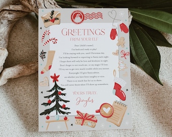 May include: A Christmas-themed card with the text "GREETINGS FROM YOUR ELF" in red. The card features illustrations of a Christmas tree, mittens, a stocking, and a gift. The text includes a message from an elf.