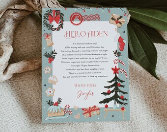 May include: A Christmas-themed letter with the text "HELLO AIDEN" and a message from "Jingles." The letter is decorated with festive illustrations, including a Christmas tree, candy canes, and a gift. The background is a light blue color.
