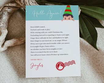 May include: A rectangular card with a light blue top featuring the text "Hello Again!" and an illustration of an elf. The card includes a letter from "Jingles" with holiday-themed text and a red stamp.