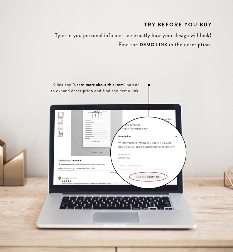 May include: A laptop computer screen displaying a printable baby shower game. The game is titled "Wishes for Baby" and includes a list of prompts for guests to write down their wishes for the baby. The screen also includes a description of the product, a link to a demo, and a button that says "Learn more about this item".