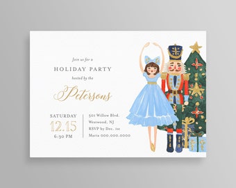 May include: Holiday party invitation with watercolor illustrations. Features a ballerina in a blue dress, a nutcracker, and a Christmas tree. The invitation includes the text "Join us for a Holiday Party hosted by the Petersons".