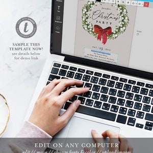 May include: A laptop displaying a Christmas party invitation template. The invitation features a watercolor wreath with a red bow and text that reads "Join us for a Christmas Party." The screen also shows editing options.