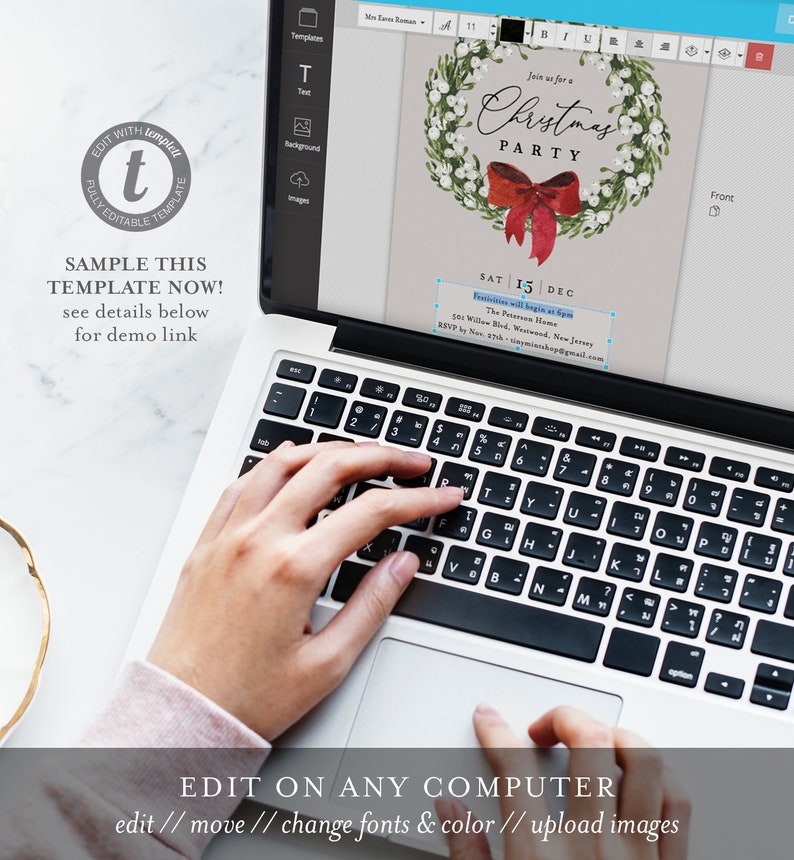 May include: A laptop displaying a Christmas party invitation template. The invitation features a watercolor wreath with a red bow and text that reads "Join us for a Christmas Party." The screen also shows editing options.