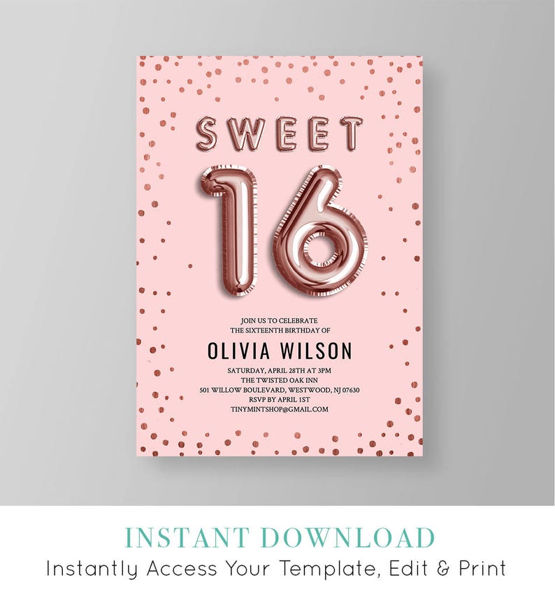 Sweet Sixteen Invitation, Sweet 16 Birthday Invite, INSTANT DOWNLOAD, Editable Template, Printable, Girls 16th Birthday, Rose Gold 051GBD image 1