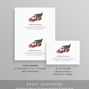 May include: White invitation cards with a watercolor illustration of a red truck carrying a Christmas tree. The text "celebrate the season" is displayed. The cards are available in different sizes for home or print shop use.