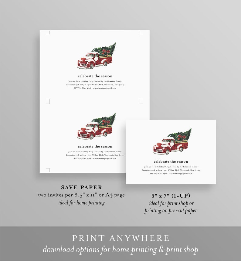 May include: White invitation cards with a watercolor illustration of a red truck carrying a Christmas tree. The text "celebrate the season" is displayed. The cards are available in different sizes for home or print shop use.