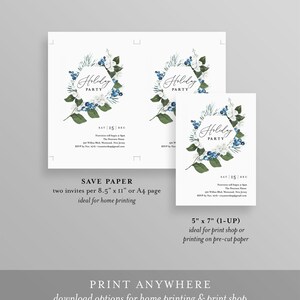 K&ouml;nnte beinhalten: Einladungen zur Weihnachtsfeier mit floralem Kranzdesign. Die Einladungen tragen den Text "Holiday Party" und Veranstaltungsdetails. Das Bild zeigt zwei Einladungen im A4-Format und eine Einladung im Format 12,7 cm x 17,8 cm.