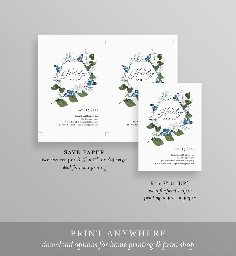K&ouml;nnte beinhalten: Einladungen zur Weihnachtsfeier mit floralem Kranzdesign. Die Einladungen tragen den Text "Holiday Party" und Veranstaltungsdetails. Das Bild zeigt zwei Einladungen im A4-Format und eine Einladung im Format 12,7 cm x 17,8 cm.