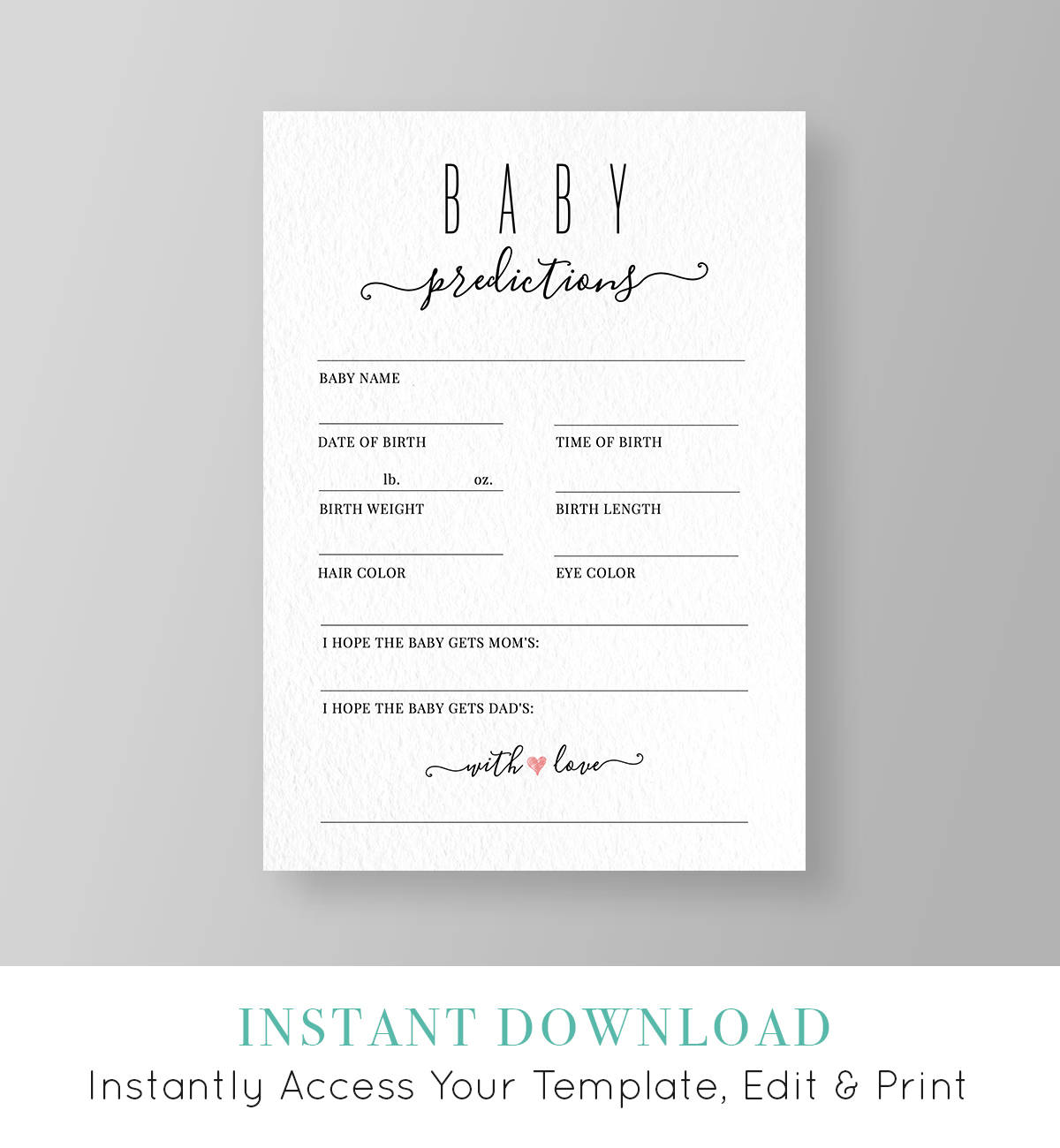 Baby Predictions Card, Baby Shower Games, Boy or Girl Shower, Gender Neutral, Printable, Instant Download, 100% Editable, Templett  #015PR