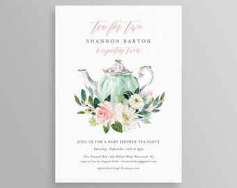 May include: Tea for Two baby shower invitation with a watercolor illustration of a teapot and flowers. The invitation is for Shannon Barton and includes the date, time, and location of the event. RSVP information and registry details are also included.