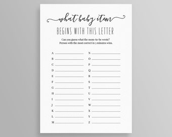 Alphabet Baby Shower Game, What Baby Item Begins With This Letter Game, 100% Editable Template, Instant Download, Templett, 5x7 #015BG03