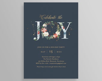 May include: A navy blue holiday party invitation with gold text and a floral wreath in the letter "O" of the word "JOY". The invitation includes the date, time, and location of the party.