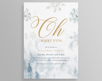 Holiday Party Invitation Template, Christmas Party Invite, Editable Text, Snowflake, Pine Trees, Winter, INSTANT DOWNLOAD, Templett #087HP
