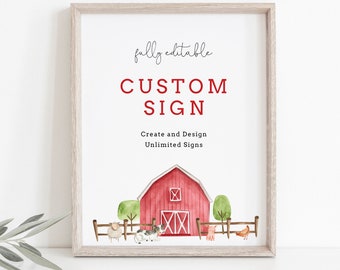 Barn Custom Sign Template, Editable Farm Animal Birthday Party Tabletop Sign, Welcome Sign, Instant Download, Templett 5x7, 8x10 #110CS