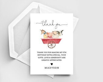 Thank You Card Template, Printable Farm Animal Birthday Thank You, Folded and Flat Card, Editable, INSTANT DOWNLOAD, DIY, Templett, #110TYC