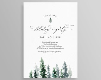 May include: A white invitation card with the words "holiday party" in elegant script. The card includes the date, time, and location details, with a watercolor forest design at the bottom and a small tree graphic at the top.