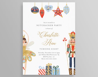 May include: A Nutcracker Party invitation with watercolor illustrations. The invitation features a ballerina, a nutcracker, and hanging ornaments. The text reads "You're invited to a Nutcracker Party in honor of Charlotte Ann, Turning Eight."