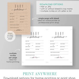 May include: Printable baby shower game cards with the text "Baby Predictions" on a kraft paper background. The cards have lines for guests to write down their predictions for the baby's name, date and time of birth, birth weight, birth length, hair color, eye color, and what the baby will get more of, mom's or dad's.