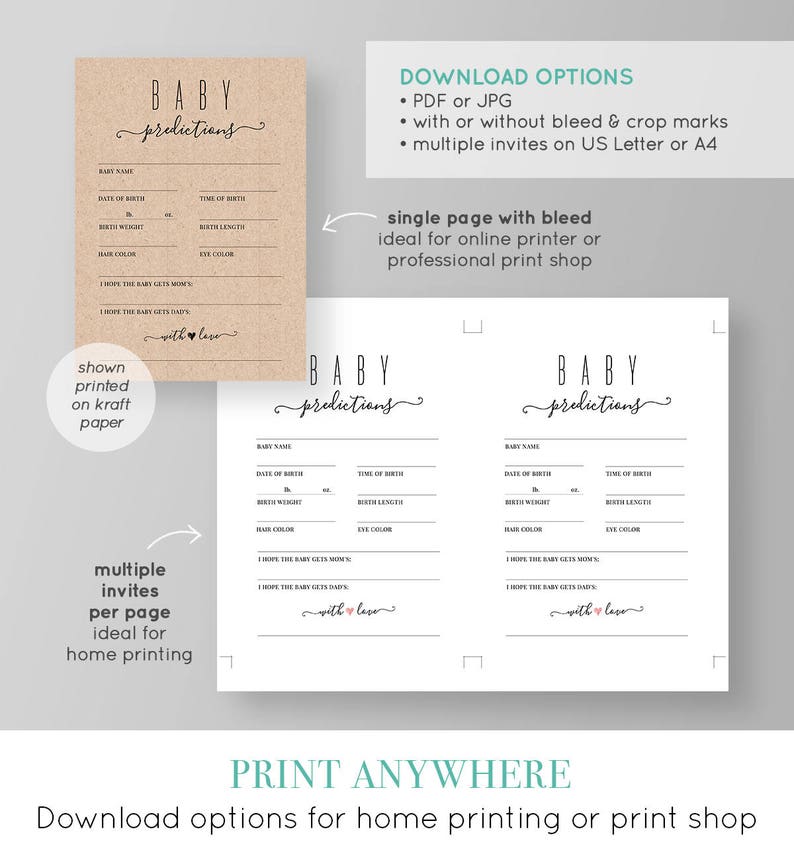 May include: Printable baby shower game cards with the text "Baby Predictions" on a kraft paper background. The cards have lines for guests to write down their predictions for the baby's name, date and time of birth, birth weight, birth length, hair color, eye color, and what the baby will get more of, mom's or dad's.