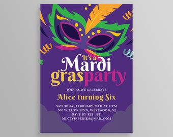 Mardi Gras Birthday Party Invitation, Gender Neutral, Mascarade Carnival Celebration, Editable Template, Templett, Instant Download #115BD