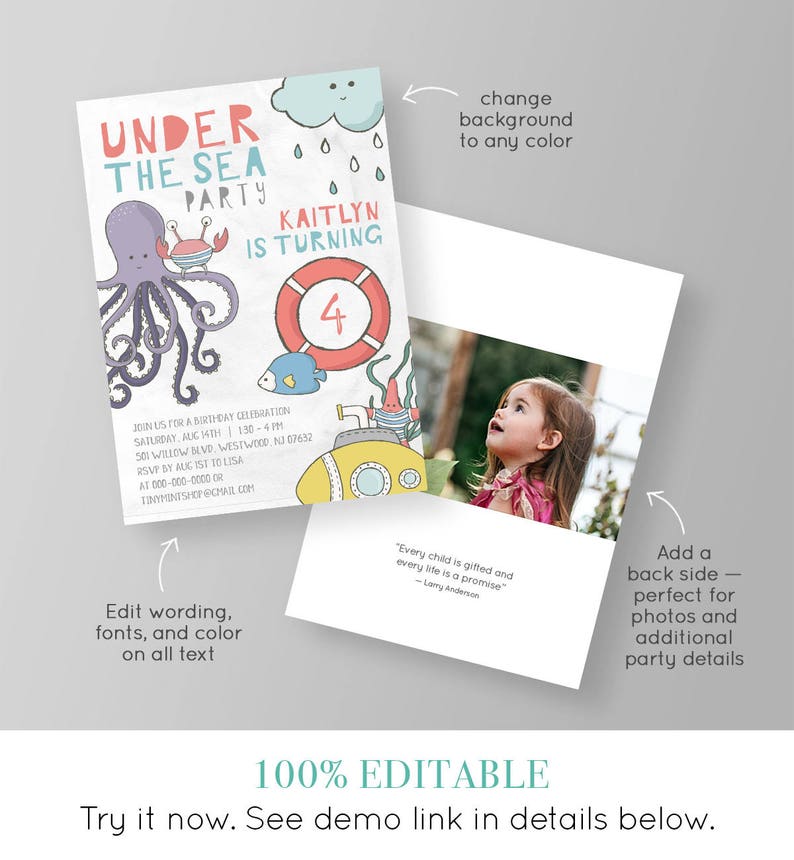 Under the Sea Birthday Party Invitation Template Printable Pool Party Invite Boy or Girl 100% Editable Instant Download, DIY 024BBD image 2