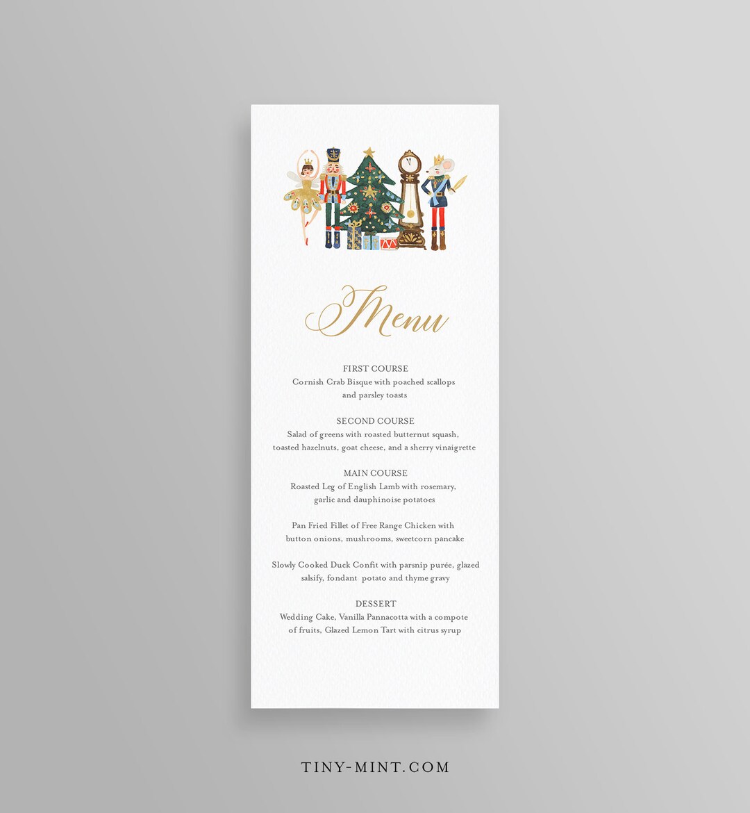 Nutcracker Menu Card, Holiday Dinner Menu Template, Printable Christmas