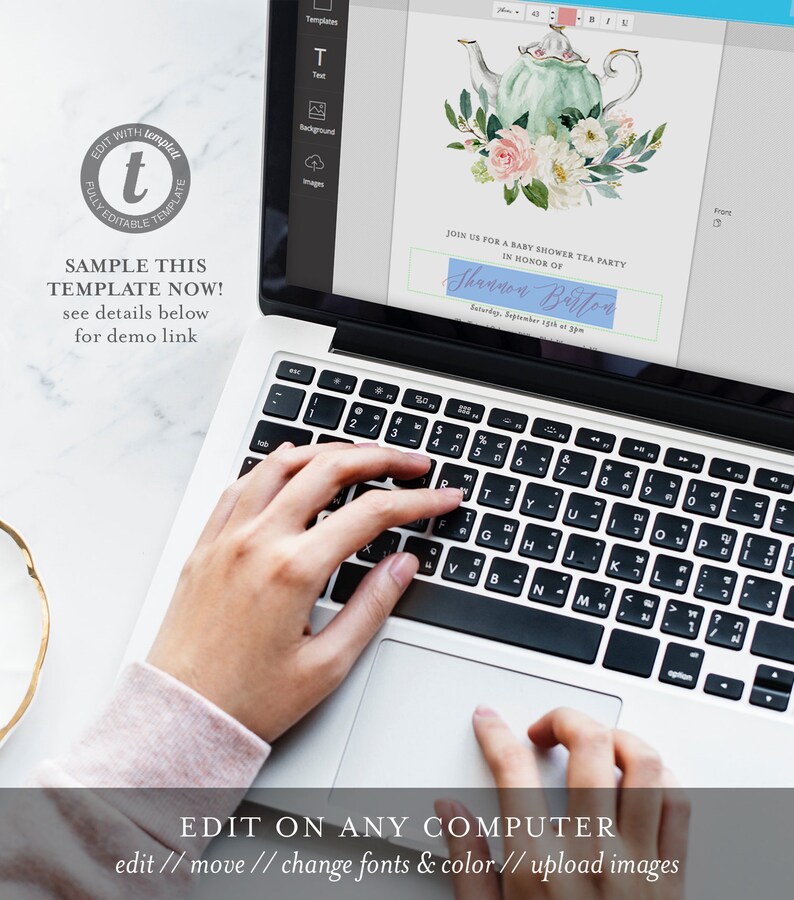 May include: A laptop displaying a baby shower invitation template. The design features a watercolor teapot and floral arrangement. Text includes "Join us for a baby shower tea party" and editable fields. The laptop screen shows the text "Edit on any computer".