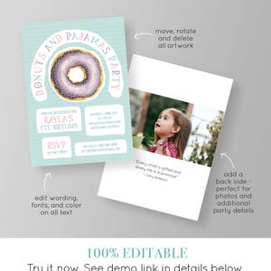 Donuts and Pajamas Birthday Invitation Template, Printable Girls Birthday, Pajama Party Invite, Instant Download, 100% Editable, DIY 021GBD image 2