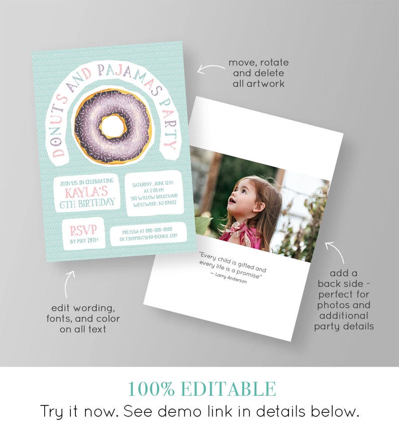 Donuts and Pajamas Birthday Invitation Template, Printable Girls Birthday, Pajama Party Invite, Instant Download, 100% Editable, DIY 021GBD image 2