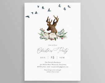 May include: A Christmas party invitation with a watercolor illustration of a deer with antlers, surrounded by greenery and flowers. The invitation includes the text "Join us for a Christmas Party" and event details.