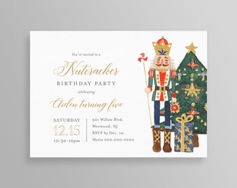 May include: A watercolor invitation for a Nutcracker birthday party. The design features a nutcracker soldier, a decorated Christmas tree, and a wrapped gift. The text includes the party details: date, time, and location.