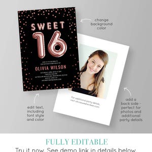 Sweet Sixteen Invitation, Sweet 16 Birthday Invite, INSTANT DOWNLOAD, Editable Template, Printable, Girls 16th Birthday, Rose Gold 051GBD image 2