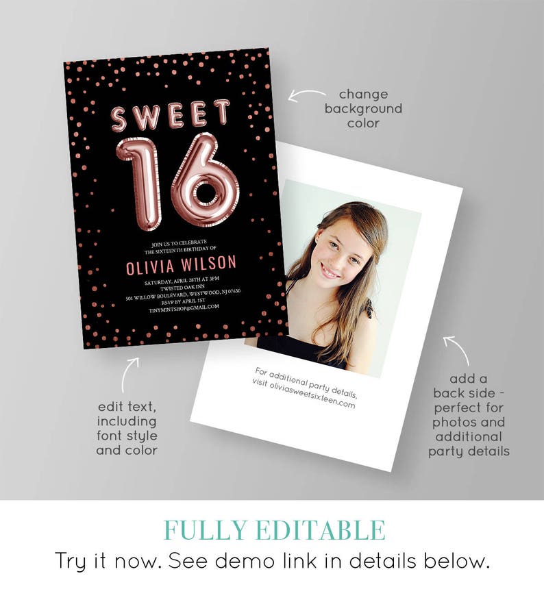 Sweet Sixteen Invitation, Sweet 16 Birthday Invite, INSTANT DOWNLOAD, Editable Template, Printable, Girls 16th Birthday, Rose Gold 051GBD image 2