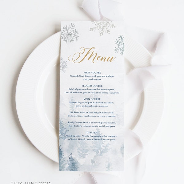 Winter Snowflake Menu Card, Holiday Dinner Menu Template, Printable Christmas Dinner Menu, Editable Text, Instant Download, Templett #087ME