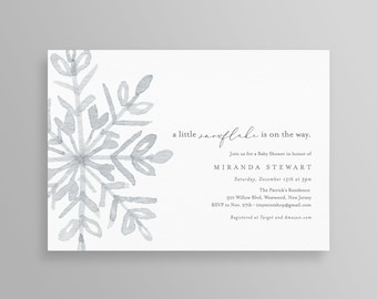 May include: A baby shower invitation with a watercolor snowflake design. The text reads "a little snowflake is on the way." Details include the honoree's name, date, time, location, and RSVP information.
