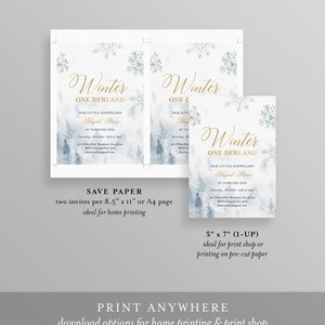 May include: Winter-themed invitation with gold script and a watercolour forest design. The invitation reads "Winter One-Derland" and includes event details. The image shows multiple print size options, including A4 and 5" x 7" (12.7cm x 17.8cm).