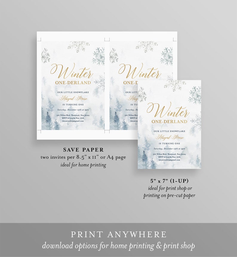 May include: Winter-themed invitation with gold script and a watercolour forest design. The invitation reads "Winter One-Derland" and includes event details. The image shows multiple print size options, including A4 and 5" x 7" (12.7cm x 17.8cm).