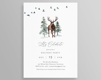 May include: A holiday party invitation with a watercolor illustration of a deer and pine trees. The text "Let's Celebrate" is written in elegant script. The date and time are displayed below the text.