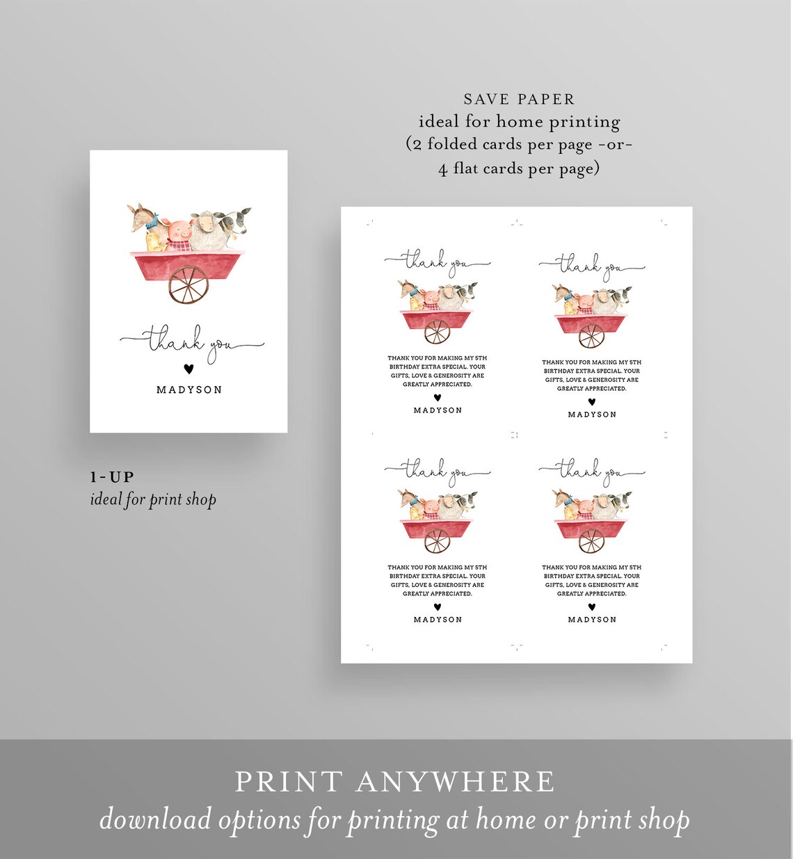 Thank You Card Template Printable Farm Animal Birthday Thank | Etsy