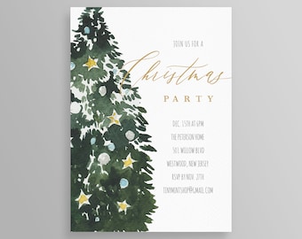 May include: A Christmas party invitation with a watercolor illustration of a Christmas tree on a white background. The text "Christmas Party" is in gold script. Additional text includes date, time, location, and RSVP information.