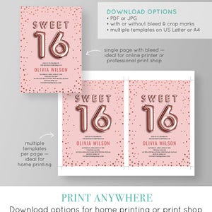 Sweet Sixteen Invitation, Sweet 16 Birthday Invite, INSTANT DOWNLOAD, Editable Template, Printable, Girls 16th Birthday, Rose Gold 051GBD image 3