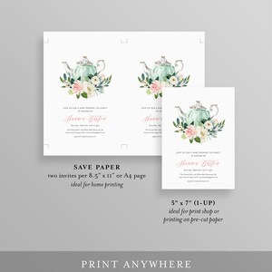 May include: Baby shower tea party invitations with a watercolor teapot design. The invitations feature a mint green teapot with floral accents and the text "Join us for a baby shower tea party".
