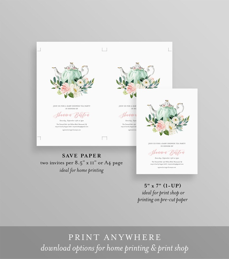 May include: Baby shower tea party invitations with a watercolor teapot design. The invitations feature a mint green teapot with floral accents and the text "Join us for a baby shower tea party".