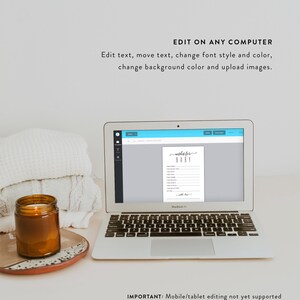 May include: A laptop computer displaying a printable checklist for a baby shower. The checklist is titled "Wish List for Baby" and includes items such as "Diapers", "Wipes", "Clothes", and "Toys". The text "IMPORTANT: Mobile/tablet editing not yet supported" is displayed at the bottom of the screen.