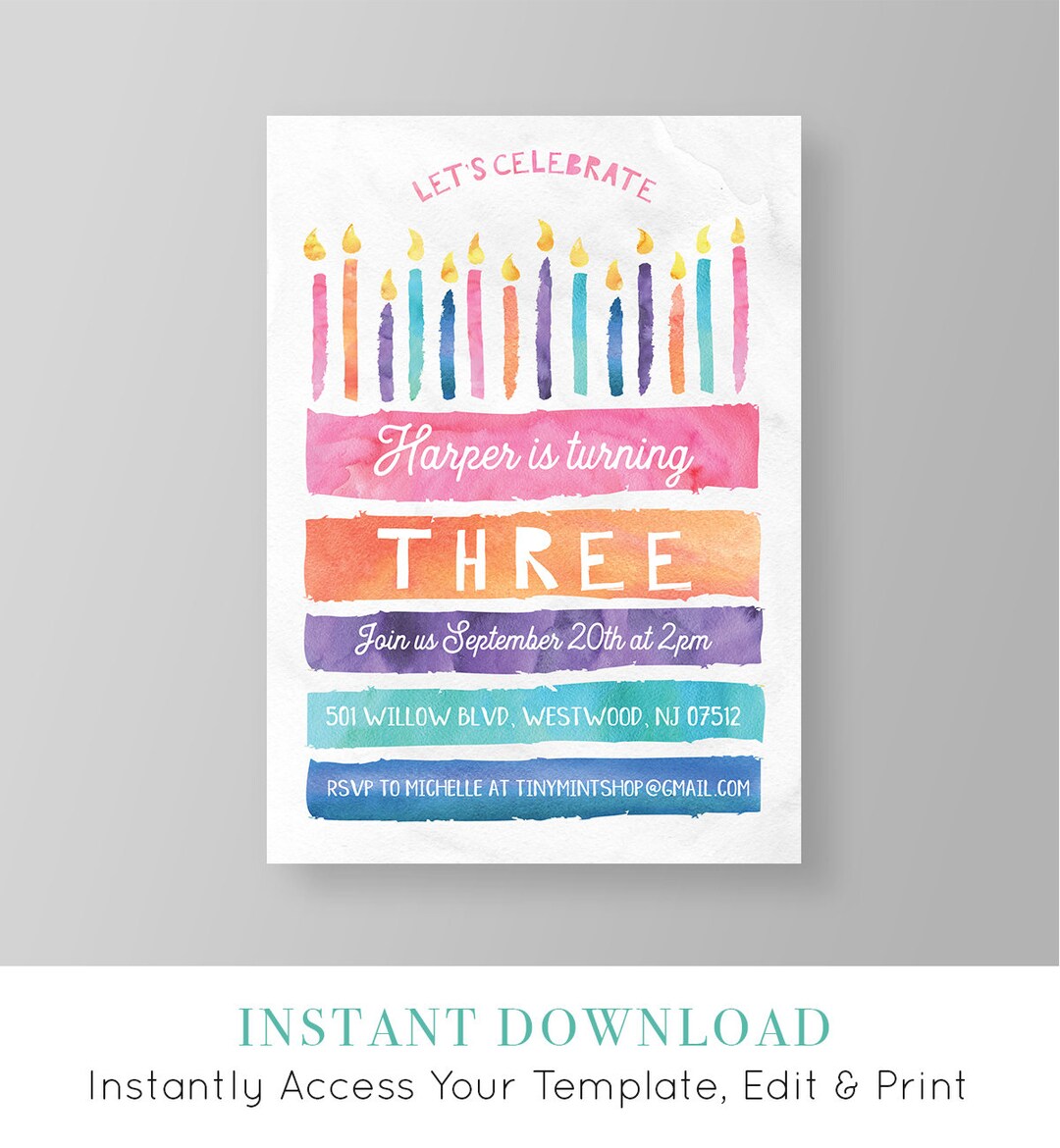 Girl Birthday Invitation Printable Fun Birthday Cake Invite Watercolor ...