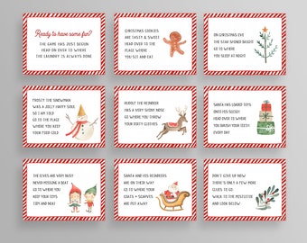 May include: Nine Christmas-themed cards with red and white striped borders. Each card features festive illustrations and rhyming text, including a snowman, reindeer, and Santa's sleigh. The cards are designed for a holiday game.