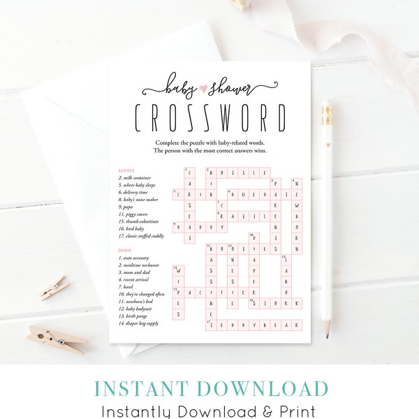 Baby Shower Crossword Puzzle | Baby Shower Games |  Printable | DIY Baby Shower Idea | Instant Download | Digital | PDF File | 5x7 | #015CW