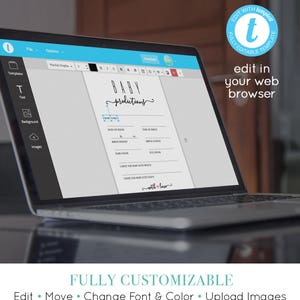 May include: A laptop computer screen displaying a printable baby shower game template. The template is titled "Baby Predictions" and includes a list of questions for guests to guess about the baby, such as the baby's name, weight, and length. The template is fully customizable and can be edited in a web browser.