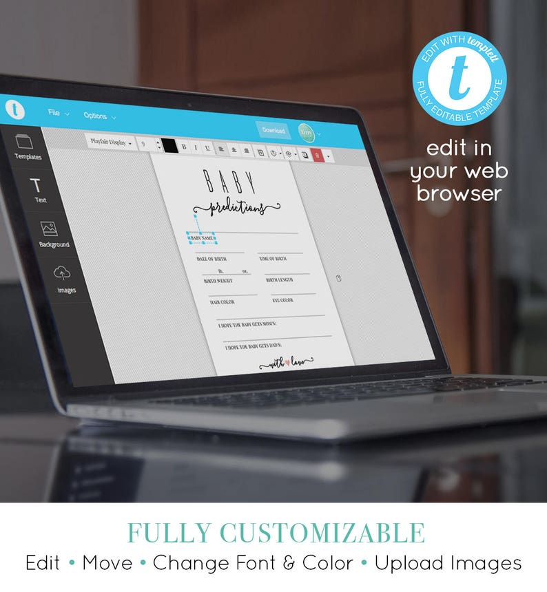 May include: A laptop computer screen displaying a printable baby shower game template. The template is titled "Baby Predictions" and includes a list of questions for guests to guess about the baby, such as the baby's name, weight, and length. The template is fully customizable and can be edited in a web browser.